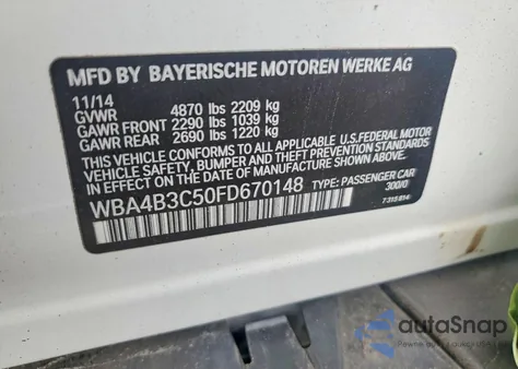 2015 BMW 435 Xi Gran Coupe z USA, uszkodzony, nr VIN WBA4B3C50FD670148